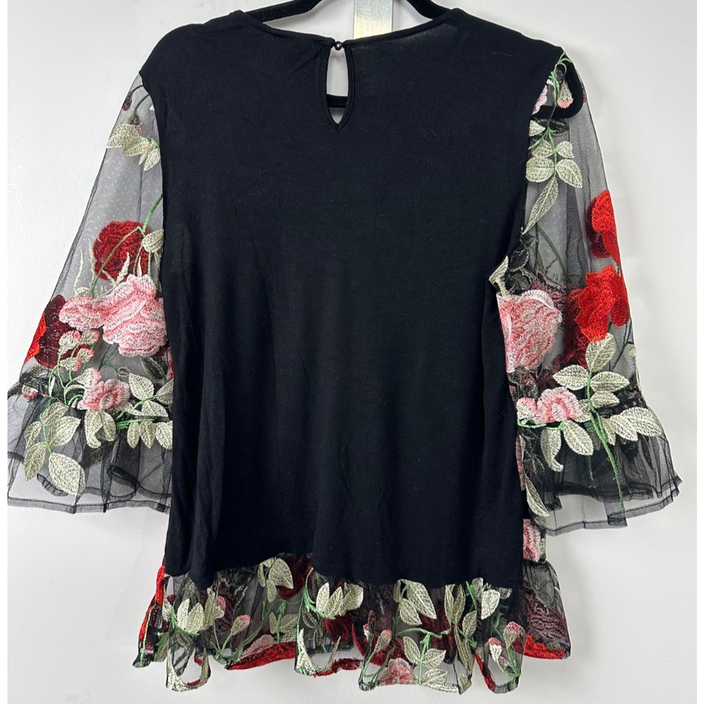 Beige by eci Black Embroidered Floral Blouse Sheer Bell Sleeve L Lined Party D31 - Picture 5 of 7